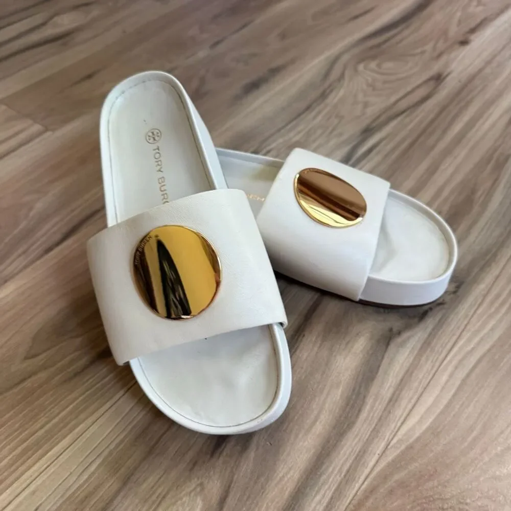 Tory Burch Patos Chunky White Napa Leather Gold Slides Size 9 1/2